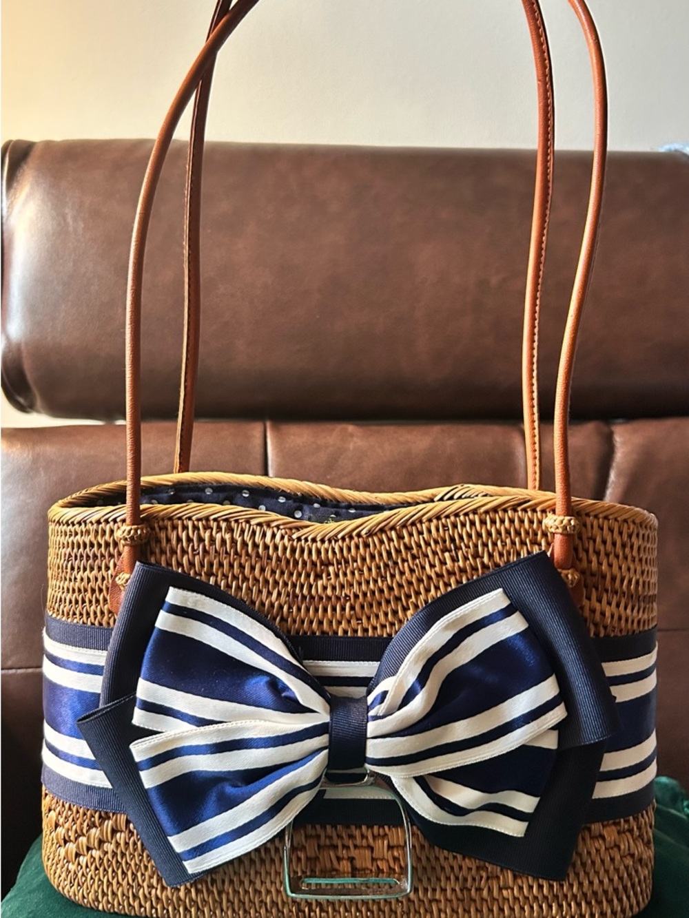 She Shells Woven Straw Tote with Navy & White Striped Bow Accent